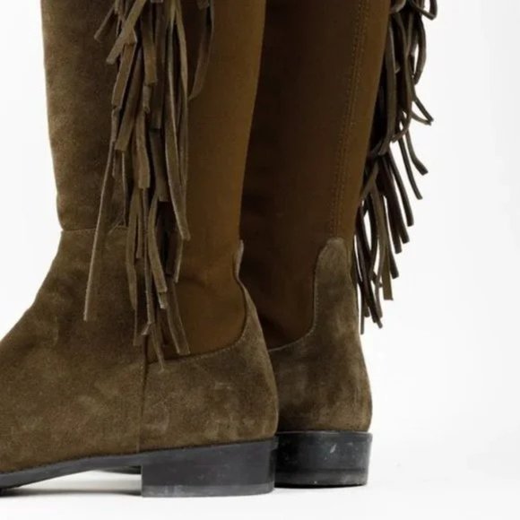Stuart Weitzman 5050 Mane Fringe Olive Suede Leather OTK Boots - Picture 9 of 11